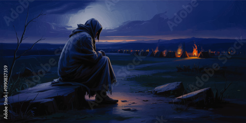 Hooded wanderer sitting on a log at night overlooking glowing campfires in a distant valley, moody fantasy landscape painting