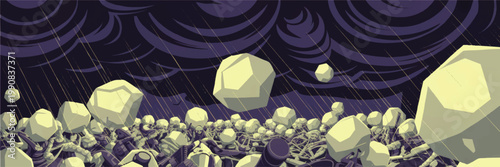 Surreal Storm Over Floating Rocks and Industrial Scrap Yard, Dark Swirling Clouds, Rainfall, Apocalyptic Vector Landscape