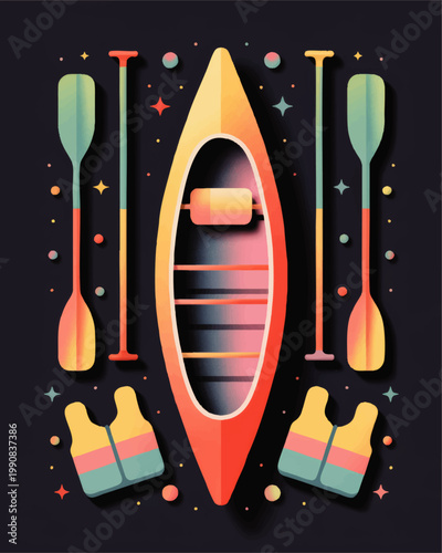 Colorful kayak and paddles flat vector illustration with life jackets on dark background, outdoor adventure water sport poster