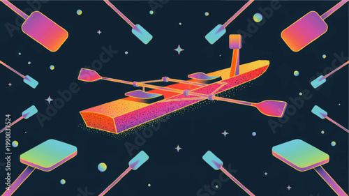 Neon rowing shell with crossed oars surrounded by paddles in cosmic water scene, vibrant retro sports illustration