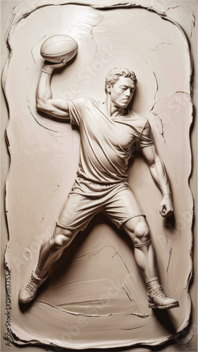 Classic bas relief sculpture of a male rugby athlete throwing a ball featuring wet clay and plaster textures in a monochromatic beige style