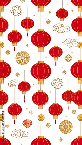Traditional Chinese New Year Seamless Pattern With Red Paper Lanterns Golden Clouds And Oriental Coins On A White Background For Festive Design