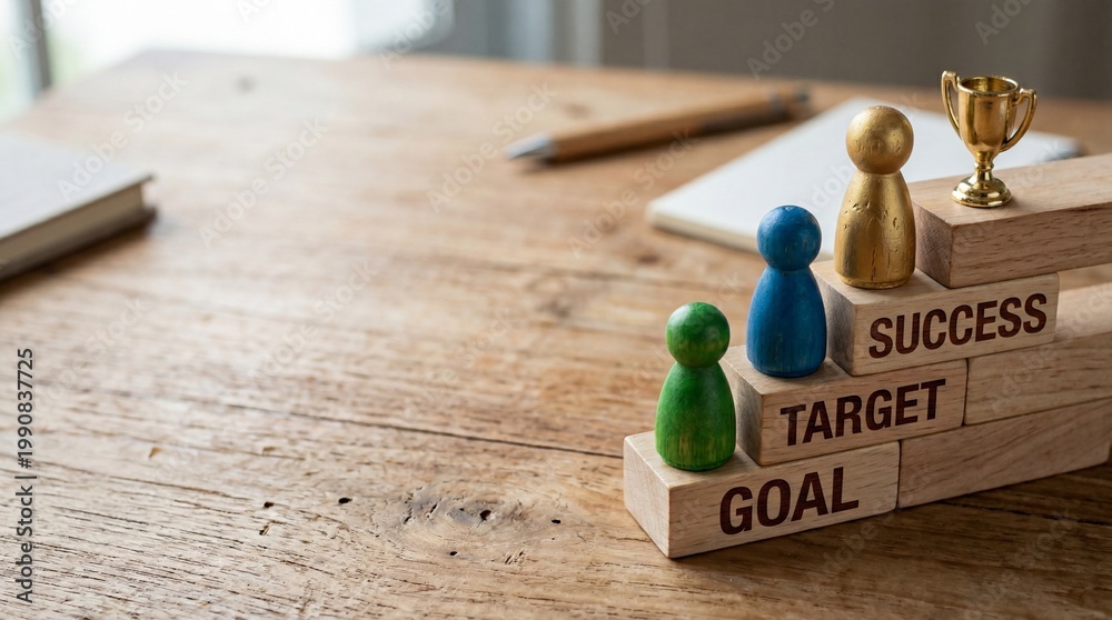 Fototapeta premium A wooden desk with game pieces and blocks representing success, target, and goal in a modern workspace.