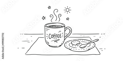 A simple sketch depicts a steaming cup of coffee and a cookie on a table