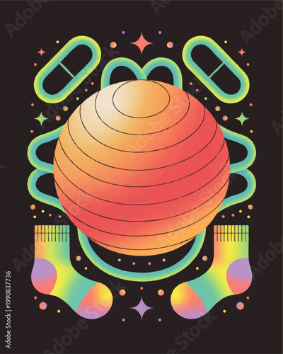 Retro futuristic neon fitness illustration with a glowing gradient exercise ball colorful socks and abstract shapes on a starry background