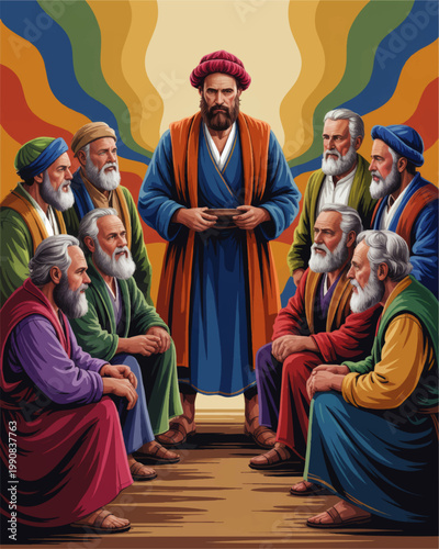 Colorful biblical scene of Jesus teaching disciples in a circle, spiritual illustration with vibrant robes and retro abstract background