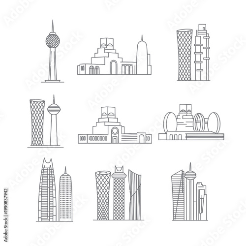 Foto Doha Skyline Icon Set: Modern Architecture and Landmarks Line Art