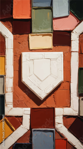 Home plate on baseball field layout with colorful blocks and clay texture, abstract sports background for game concept design