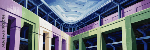 Abstract futuristic interior architecture with pastel purple green walls and blue ceiling, geometric industrial corridor illustration