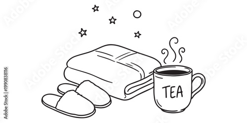 A cozy scene depicting a warm drink slippers and a book for relaxation