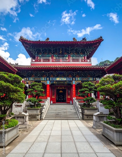 Traditional Chinese Temple Architecture With Red Columns And Ornate Roof Under Blue And Bonsai Trees
