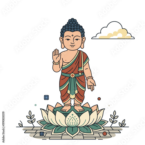 Baby buddha standing on lotus pointing gesture minimal background spiritual illustration buddhism concept