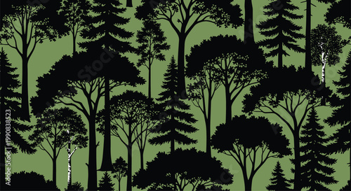 Seamless forest pattern showcasing black silhouettes of various coniferous and deciduous trees against a muted olive green backdrop.