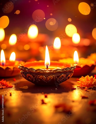 Traditional Decorative Diya Oil Lamp Glowing With Warm Flame On Diwali Night With Beautiful Bokeh Background And Marigold Flowers