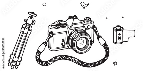 A simple black and white illustration of a vintage camera and photography equipment