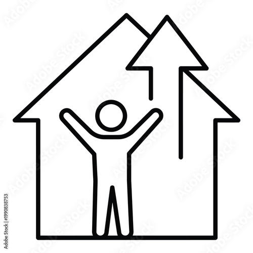 Person standing in a house with arms raised.
