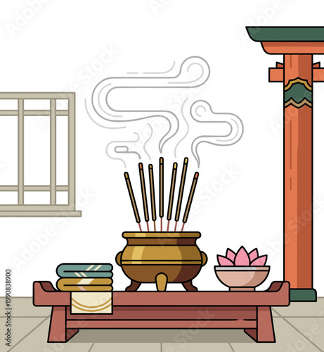 Incense sticks burning in temple altar with smoke minimal interior spiritual ritual concept