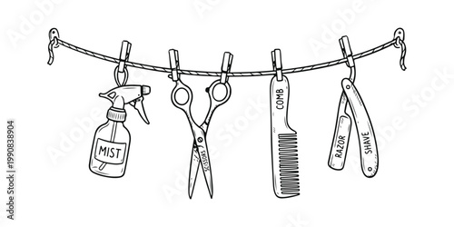 A line of barber tools hangs from a string including scissors and a straight razor