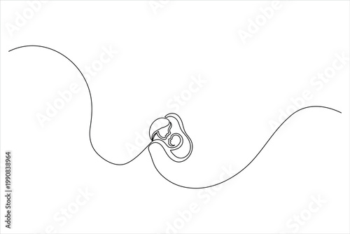 Minimalist continuous one-line drawing of a mother embracing her baby. Elegant and modern silhouette art representing motherhood and love.