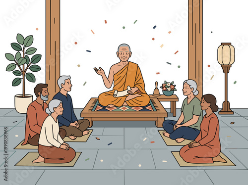 Monk giving dharma talk to people sitting in temple calm spiritual teaching community concept
