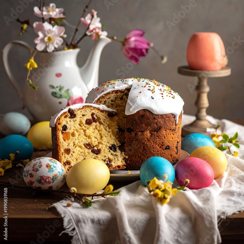 Traditional Easter Cake With White Icing And Sprinkles Surrounded Colorful Dyed Eggs On A Rustic Wooden Table With Spring Flowers