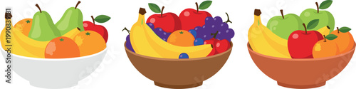 Set of three colorful fruit bowls filled with bananas apples pears grapes and oranges isolated on white background for healthy eating concepts vector illustration