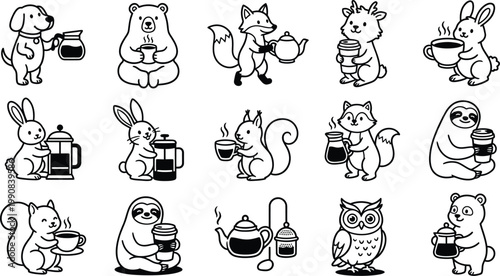 Set of cute animals with coffee and tea accessories
