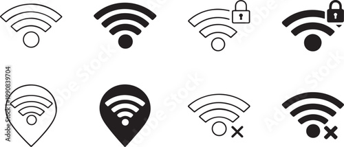 Flat line Wi-Fi signal strength icon set for wireless connectivity.