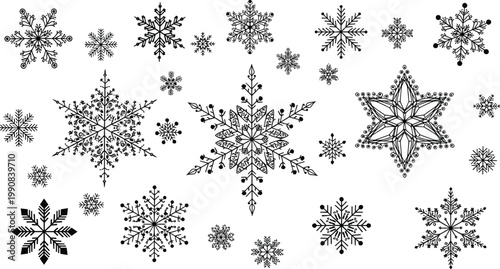 Collection of professional black snowflake silhouettes with intricate crystalline details and elegant geometric patterns isolated on a white background for winter holiday designs.