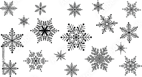 Collection of professional black snowflake silhouettes with intricate crystalline details and geometric patterns isolated on a clean white background for winter holiday designs.