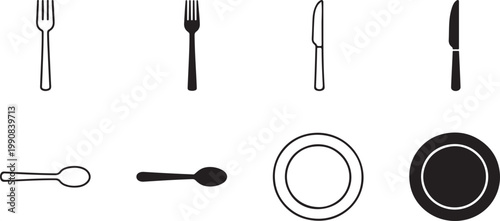 Flat line icon set of fork, knife, spoon, and plate symbols.