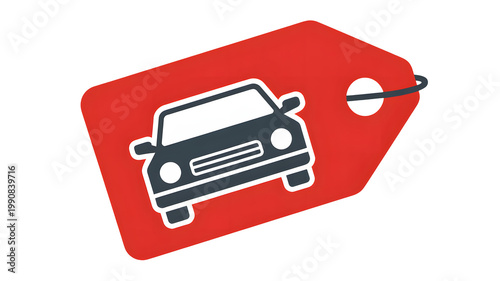 Red price tag icon with a white outlined car on a black background for automotive sales
