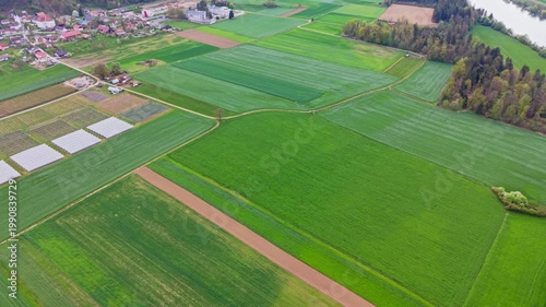 aerial farmland with green field patterns