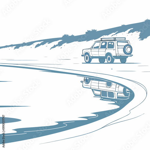 A blue and white illustration of a car driving on a road with a reflection in the water on a sunny day outdoors