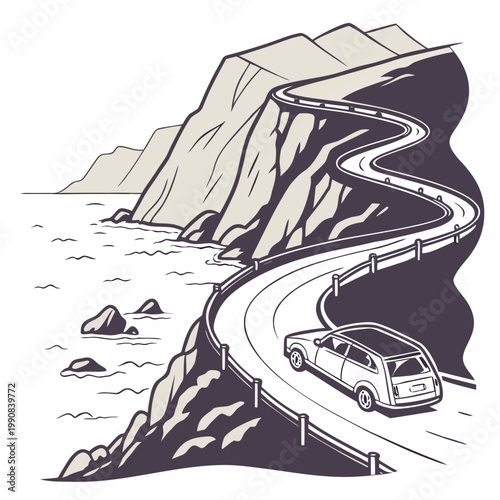 A car drives on a winding road along a cliffside by the ocean with mountains in the background