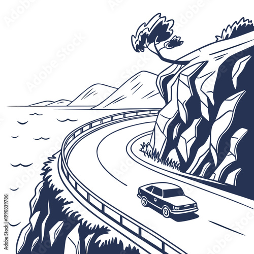 A car drives on a winding road next to a body of water with mountains in the background in an illustration