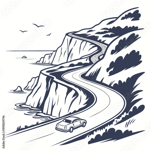 A car drives on a winding road along a cliffside with a body of water and birds flying overhead