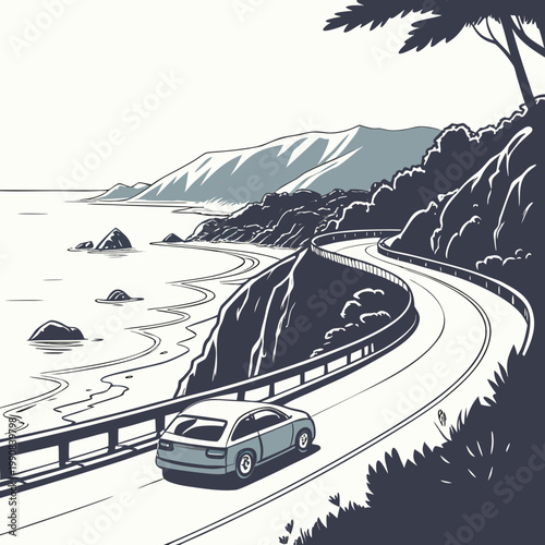 A car drives on a winding road next to the ocean with mountains in the background in a vector illustration