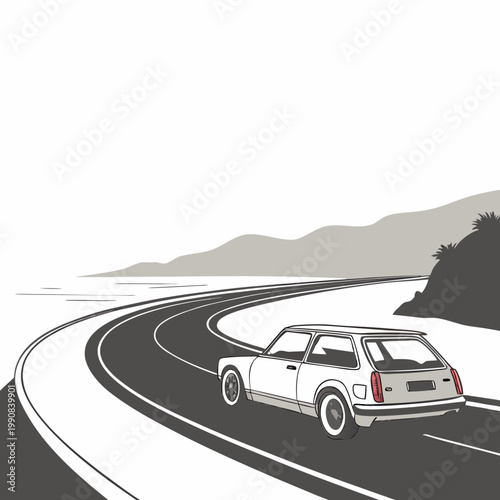 A white car drives on a winding road by the sea with mountains in the background on a sunny day
