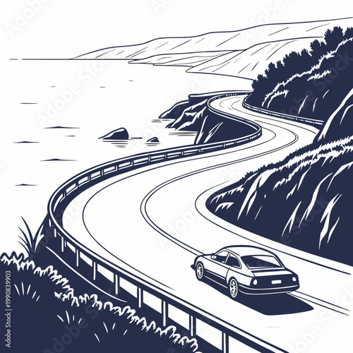 A car drives on a winding road next to the ocean on a cliffside