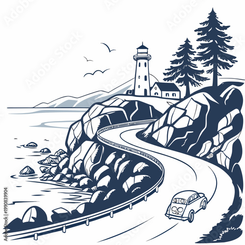 A car drives on a winding road along a rocky coastline with a lighthouse and trees in the background