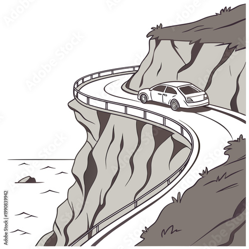 A car drives on a winding road along a cliffside by the ocean in a scenic view
