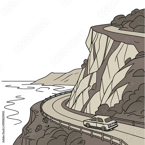 A car drives on a winding road along a cliffside by the ocean in a scenic landscape with a mountain in the background