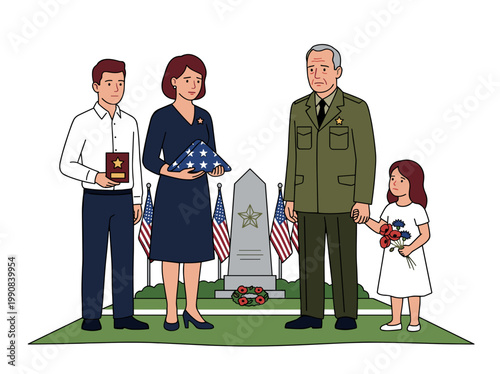 Gold star family at memorial ceremony honoring fallen soldier with flags solemn remembrance concept