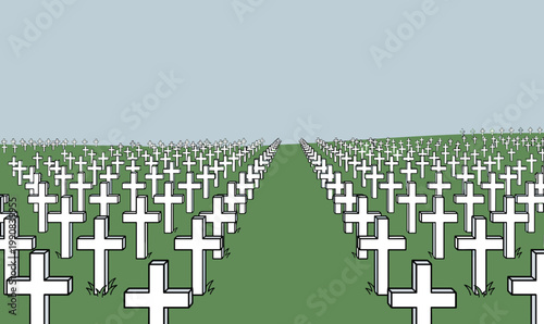 Wide field of white crosses in cemetery honoring fallen soldiers solemn memorial remembrance concept