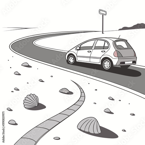A gray car drives on a winding road next to a sandy beach with seashells and rocks