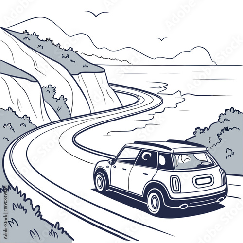 A car drives on a winding road next to a body of water with mountains in the background