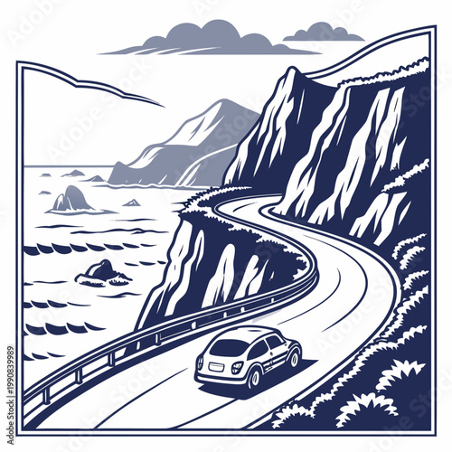 A car drives on a winding road along a cliffside with mountains and ocean in the background in a blue and white illustration