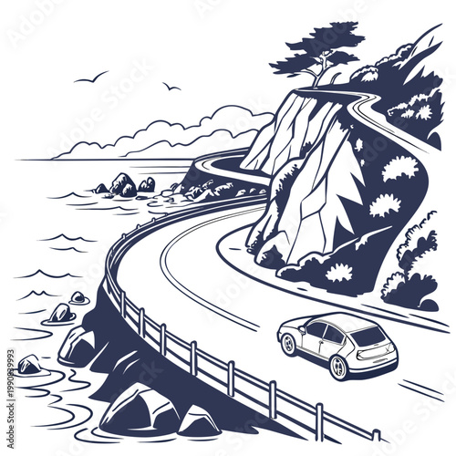 A car drives on a winding road along a cliffside by the ocean with a tree on top of the cliff