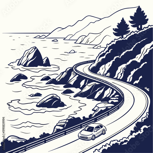 A car drives on a winding road along a rocky coastline with mountains and trees in the background in a blue and white color scheme